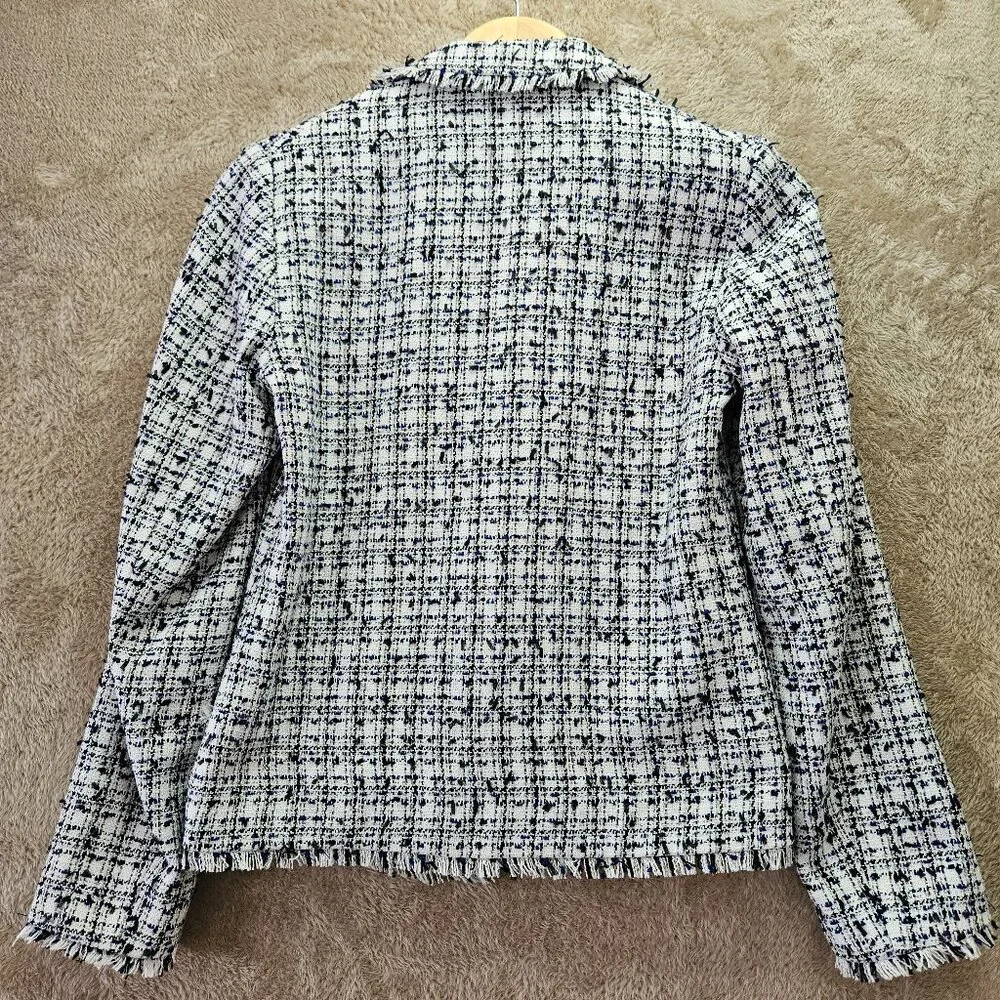 H&M Textured Tweed White Blue Weave Blazer Jacket Women's Size 4 - Picture 2 of 6